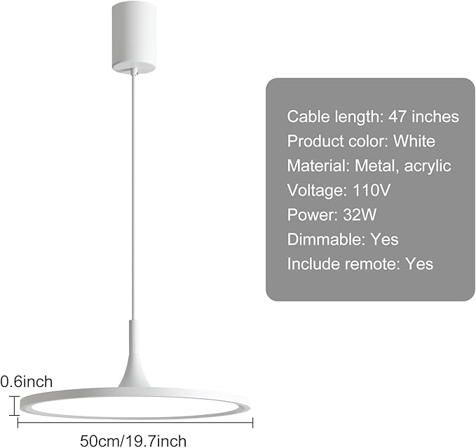 JAYMP Dining Room Modern Pendant Lighting Dimmable LED Disk Light Adjustable Height Kitchen Island Hanging Light Fixture (White, Dia 19.7 inch)