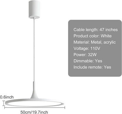 JAYMP Dining Room Modern Pendant Lighting Dimmable LED Disk Light Adjustable Height Kitchen Island Hanging Light Fixture (White, Dia 19.7 inch)