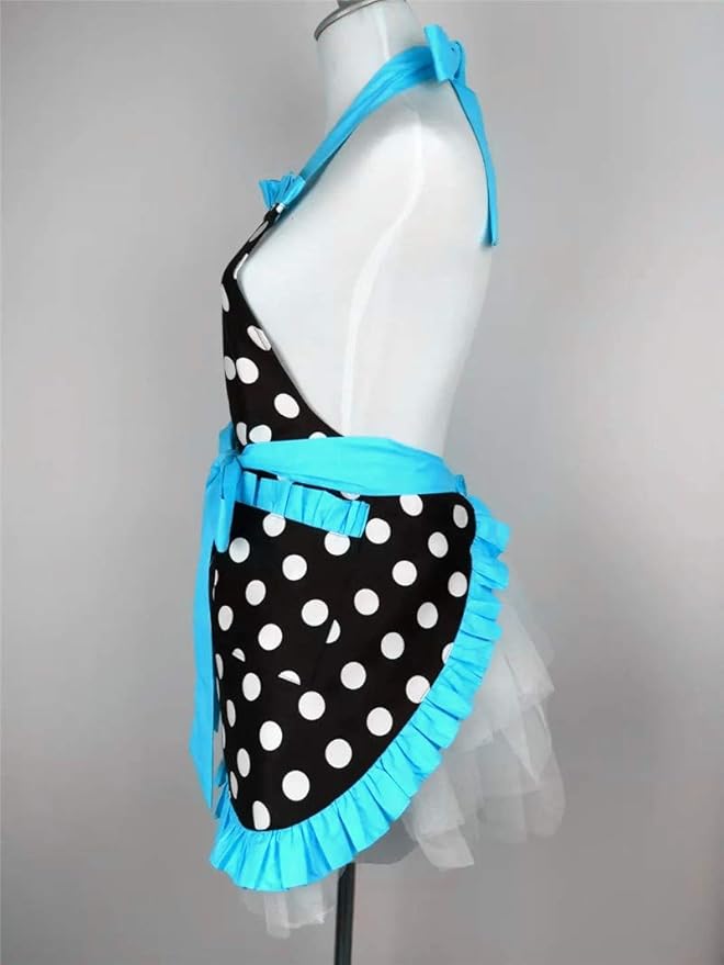 Hyzrz Cute Apron Retro Black Polka Dot Retro Ruffle Side Vintage Cooking Aprons with Pockets for Women Girls (Side Blue)
