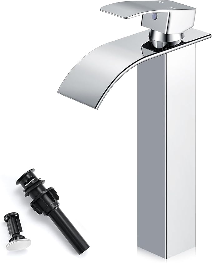 Chrome Bathroom Faucets, Tall Waterfall Bathroom Sink Faucet Modern Single Handle Bathroom Faucte 1 Hole, Tall Spout Vessel Faucet Mixer Tap Washbasin Faucet with Pop-up Drain, Supply Hoses