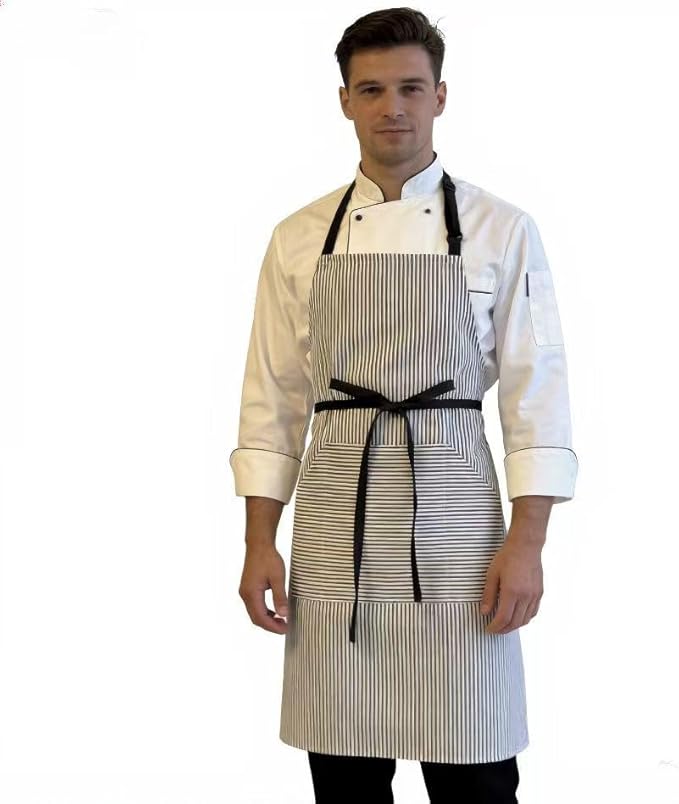 Kitchen Apron with 3 Pocket, Adjustable Server Apron, Waitress Apron with Pockets Stripes