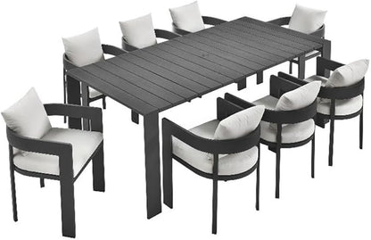 Modway Tahoe Outdoor Patio Powder-Coated Aluminum 9-Piece Dining Set in Gray White - Rectangular Patio Furniture Set for 8 - Outside Table with Umbrella Hole and Cushioned Chairs - Modern Patio Set