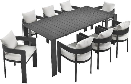 Modway Tahoe Outdoor Patio Powder-Coated Aluminum 9-Piece Dining Set in Gray White - Rectangular Patio Furniture Set for 8 - Outside Table with Umbrella Hole and Cushioned Chairs - Modern Patio Set