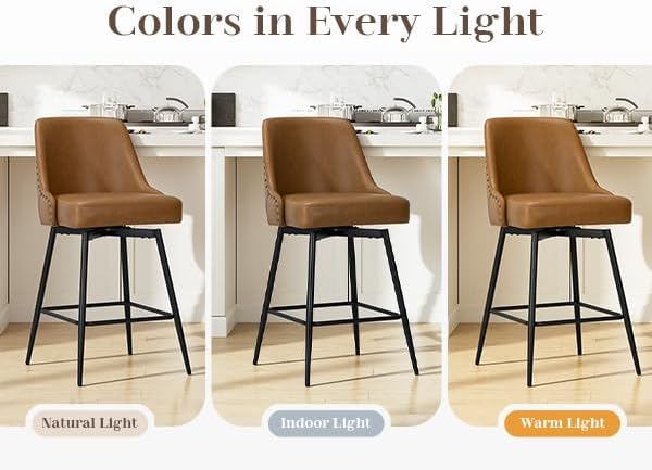 MALOL Bar Stools Set of 6, 26" Swivel Counter Height Chairs with Back,Thick Padded Seat & Footrest,Modern Faux Leather Barstool for Kitchen Island,Dining Room,Pub,Brown