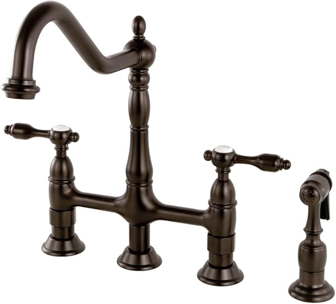 Kingston Brass KS1275TALBS Tudor 8 Inch Center Kitchen Faucet With Brass Sprayer, Oil Rubbed Bronze, 8-3/4 inch in Spout Reach, Oil Rubbed Bronze