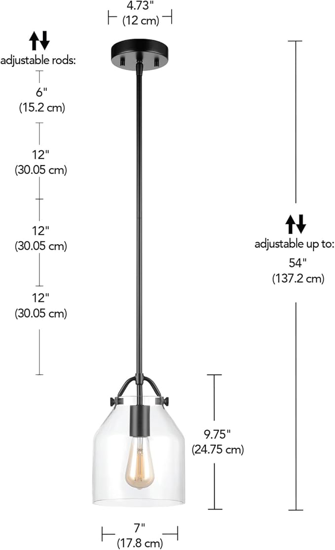Globe Electric 67000097 1-Light Pendant Light Fixture, Matte Black, Clear Glass Shade, Adjustable Hanging Height Rods, Kitchen Island Lighting, Modern Farmhouse, Dimmer Switch Compatible