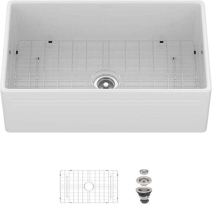 White Farmhouse Sink 30 Inch Fireclay Reversible Apron Front Farm Sink 30"x18"x10" Glossy White Porcelain Farms House Style Single Bowl Farmhoues kitchen Sinks with Luxury Accessories