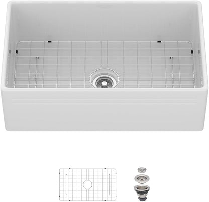 White Farmhouse Sink 30 Inch Fireclay Reversible Apron Front Farm Sink 30"x18"x10" Glossy White Porcelain Farms House Style Single Bowl Farmhoues kitchen Sinks with Luxury Accessories