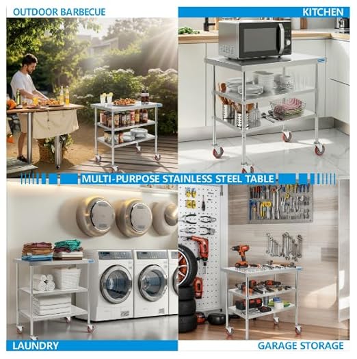 KUARBARR Stainless Steel Table with Wheels Stainless Steel Prep Table 24 x 30 Inch, NSF Commercial SS Metal Kitchen Prep Worktable for Restaurant Kitchen Garage Warehouse