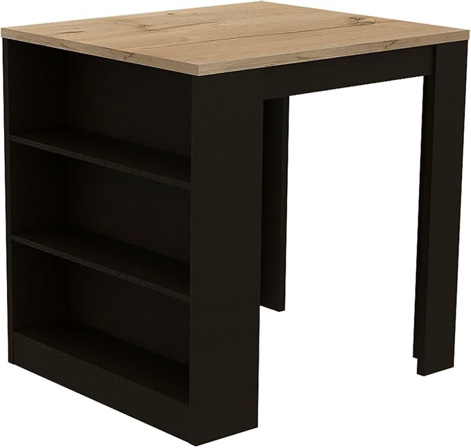 Kitchen Island Table, Two Legs, Three Side Shelves, Black/Pine