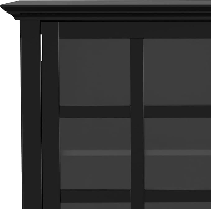 SIMPLIHOME Acadian Storage Cabinet - 62 inch Wide Solid Wood 3-Shelf Sideboard in Black, Transitional Buffet for Living Room, Entryway, or Dining Room with Adjustable Shelves and Glass Doors