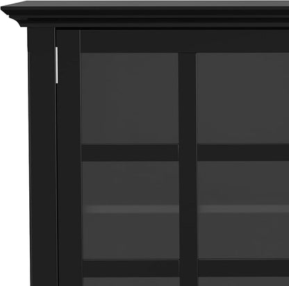 SIMPLIHOME Acadian Storage Cabinet - 62 inch Wide Solid Wood 3-Shelf Sideboard in Black, Transitional Buffet for Living Room, Entryway, or Dining Room with Adjustable Shelves and Glass Doors