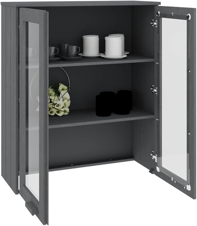 HAMAR Highboard Top, Dark Gray Solid Pinewood, 33.5"x13.8"x39.4", Sideboard Storage with Glass Doors, Durable Kitchen Furniture Dining Storage