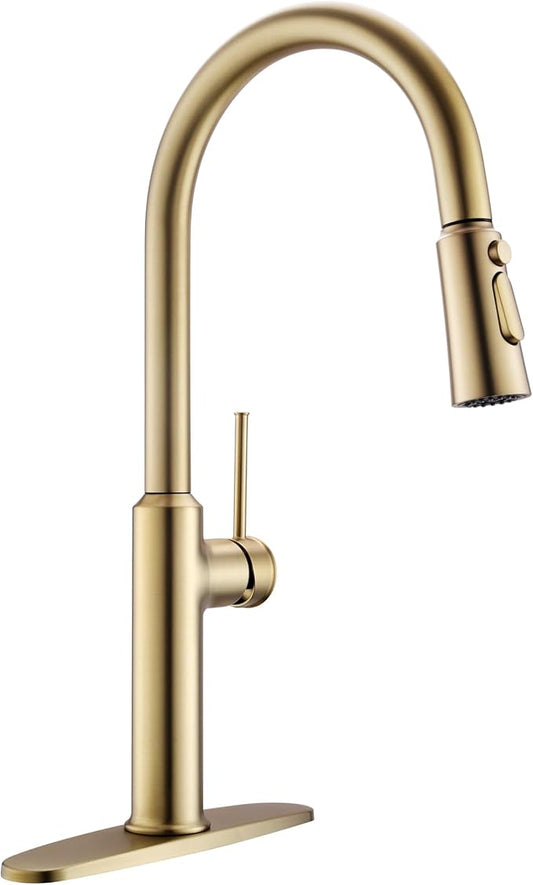 Kitchen Sink Faucets Brushed Gold, High-Arc Single Handle Kitchen Faucet with Pull Down Sprayer, Solid Brass Tall Kitchen Faucets 19 Inch