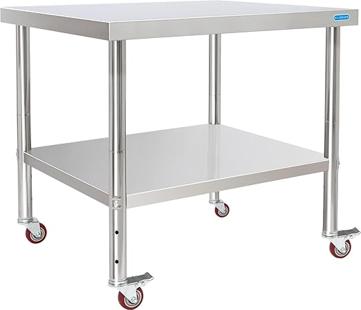 KUARBARR Stainless Steel Table for Prep & Work with 4 Caster Wheels with Undershelf 30 x 36 NSF Metal Commercial Kitchen Adjustable Under Shelf Worktable for Restaurant Home Outdoor