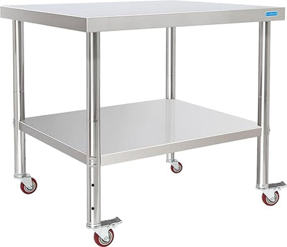 KUARBARR Stainless Steel Table for Prep & Work with 4 Caster Wheels with Undershelf 30 x 36 NSF Metal Commercial Kitchen Adjustable Under Shelf Worktable for Restaurant Home Outdoor