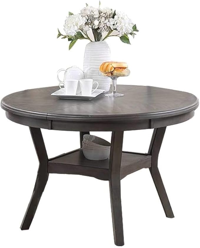 47" Classic Round Dining Table with Open Shelf, Kitchen Table with Robust Flared Legs, Elegant Restaurant Table with Sturdy Rubber Wood Construction for Living Room Kitchen Island Restaurant, Gray
