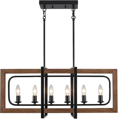 Farmhouse Kitchen Island Lighting, 6-Light Dining Room Light Fixtures Over Table Rustic Wood Pendant Lights Adjustable Chandelier for Kitchen Dining Room