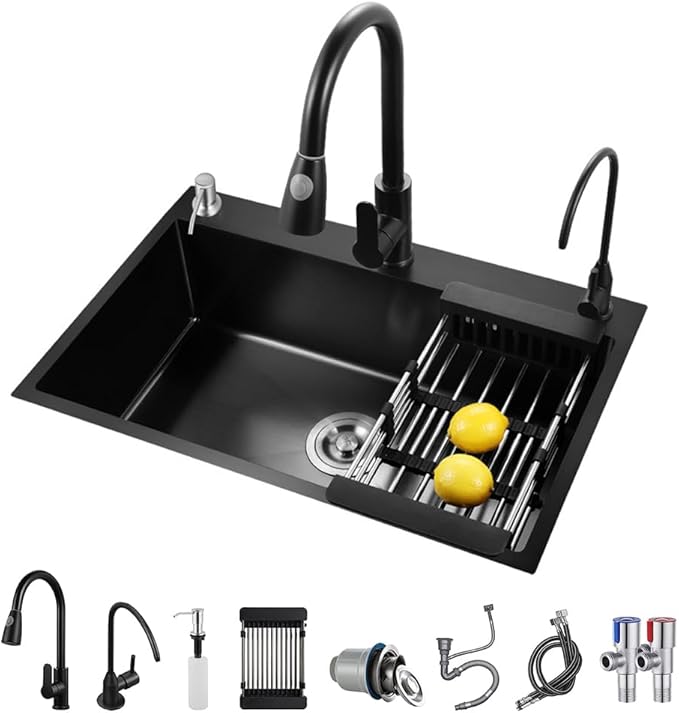 ARTLINE Black Kitchen Sink, Stainless Steel Single Bowl Sink, Drop In/Topmount Workstation Sink with Sliding Accessories, Farmhouse Workstation sink with Multiple Accessories (21.7 x 17.7in), RXZE031