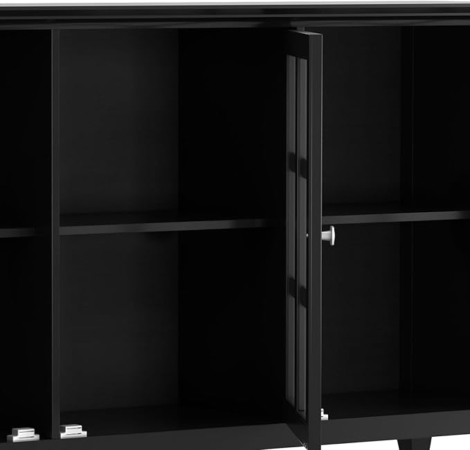 SIMPLIHOME Acadian Storage Cabinet - 62 inch Wide Solid Wood 3-Shelf Sideboard in Black, Transitional Buffet for Living Room, Entryway, or Dining Room with Adjustable Shelves and Glass Doors