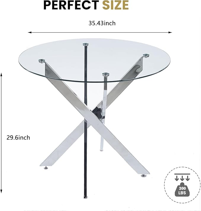 36'' Round Dining Table for 2-4, Round Dining Room Table for Small Space, Silver Glass Kitchen Table for 4, X-Shape Metal Legs