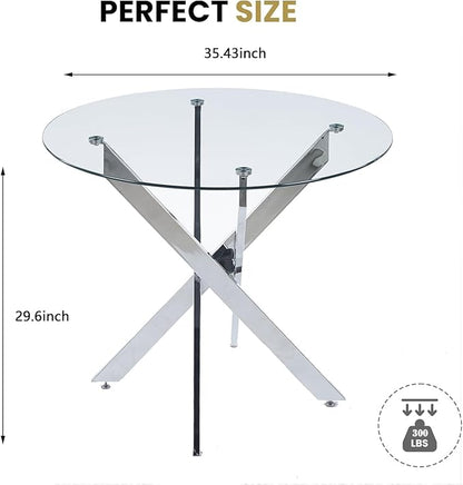 36'' Round Dining Table for 2-4, Round Dining Room Table for Small Space, Silver Glass Kitchen Table for 4, X-Shape Metal Legs