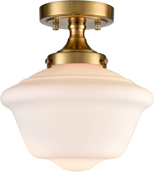 SAMTEEN Gold Semi Flush Mount Ceiling Light Modern Schoolhouse Ceiling Light Fixture Milk White Glass Flush Mount Light for Hallway Bedroom Kitchen Living Room, 10 Inches