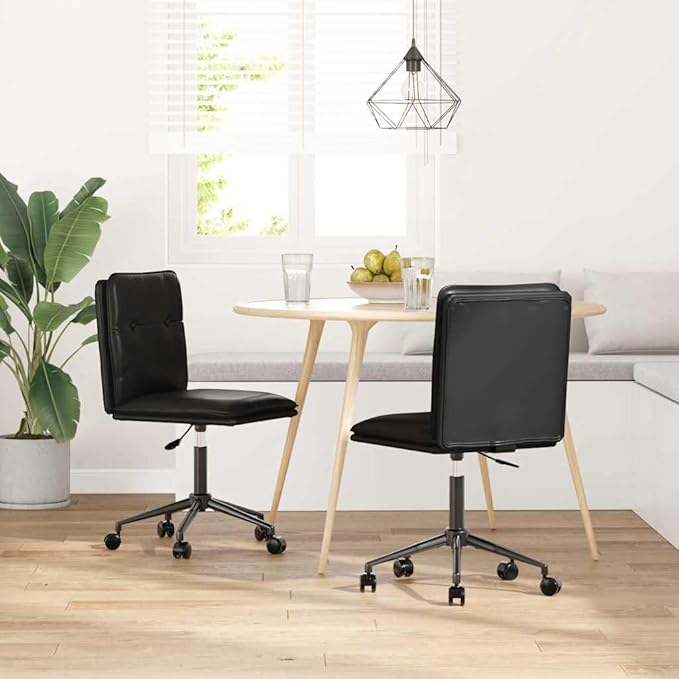 Set of 2 Black Adjustable Dining Chairs Faux Leather with Matte Metal Legs 31.9-35 in Height Modern Accent Seating for Dining Room Living Room Kitchen