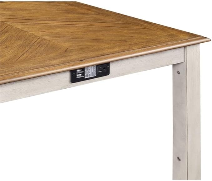 New Classic Furniture Amy Farmhouse Kitchen Counter Island Dining Table for 4 with Storage Shelf & USB Chargers, Beige and Brown