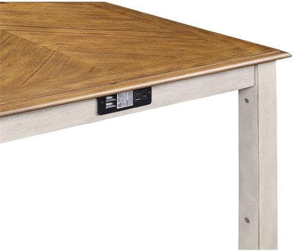 New Classic Furniture Amy Farmhouse Kitchen Counter Island Dining Table for 4 with Storage Shelf & USB Chargers, Beige and Brown