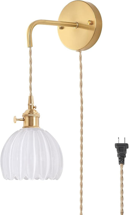 Shenmoyl Vintage Wall Sconce with White Tulip Glass Shade Hanging Wall Sconce with 4.9FT Plug in Cord, Modern Wall Lamp Fixtures Decor for Bedside Bedroom Indoor Doorway