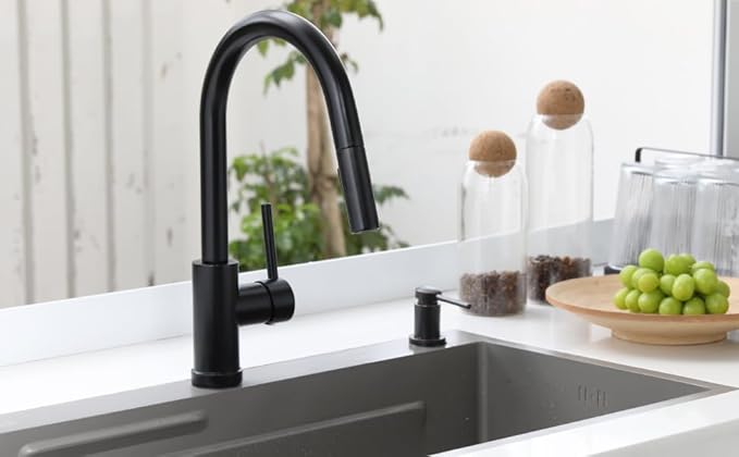 Lava Odoro Matte Black Kitchen Faucet with Pull Down Sprayer, Modern Kitchen Sink Faucet Single Hole Black Faucet for Kitchen Sink with 2-Function Spray Head, Deck Plate Included, KF1120-MB