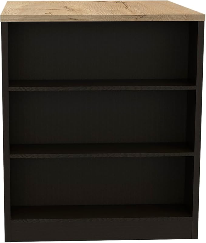 Kitchen Island Table, Two Legs, Three Side Shelves, Black/Pine