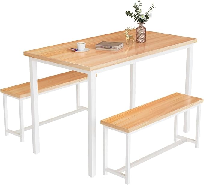 Recaceik 47” Dining Table Set for 4, 3-Piece Kitchen Table with 2 Benches, Wood Kitchen Table and Chair Set, Space-Saving Dining Room Set Dinette Set for Breakfast Nook and Small Space, Beige