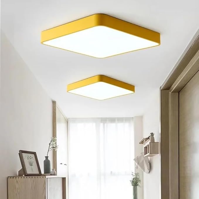 LED Ceiling Light Fixture,20 Inch Modern Square Recessed Ceiling Lights,48W 3000K-6000K Dimmable Light,Yellow Close to Ceiling Lighting Flush Mount for Bedroom Living Room Ceiling Lamp