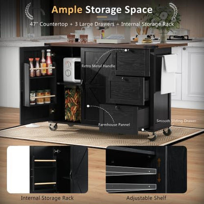 Kitchen Island Cart with Internal Storage Rack, 54.5'' Rolling Kitchen Island Table with Power Outlet, Drop Leaf, Spice/Towel Rack and Drawer, Mobile Kitchen Islands with Storage on Wheels (Black)