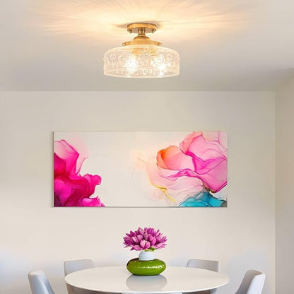 Gold Semi Flush Mount Ceiling Light, 3-Light Close to Ceiling Light with Globe Glass, Vintage Hallway Lights, Brass Closet Light Fixture, Kitchen Flush Ceiling Mount for Entryway Bedroom Bathroom,E12