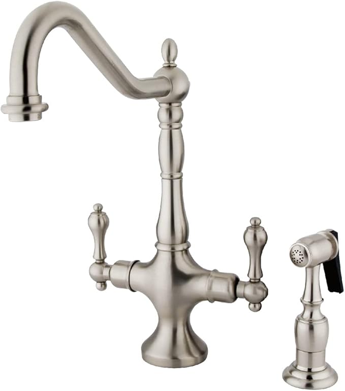 Kingston Brass KS1778ALBS Heritage 2-Handle Kitchen Faucet with Brass Sprayer, Brushed Nickel