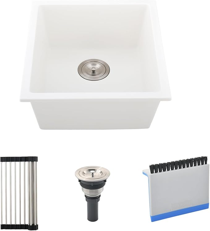 White Bar Sink Undermount, 13 x 13 Inch Small Kitchen Sink Granite Quartz Wet Bar Single Bowl Deep Basin and Mini Squeegee Combo