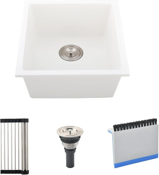 White Bar Sink Undermount, 13 x 13 Inch Small Kitchen Sink Granite Quartz Wet Bar Single Bowl Deep Basin and Mini Squeegee Combo