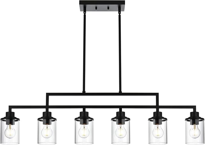 Yaohong 6-Light Black Linear Chandelier for Dining Room, Farmhouse Kitchen Island Light Fixture with Clear Glass Shades, Adjustable Ceiling Hanging Light for Dining Table and Living Room