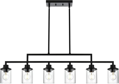 Yaohong 6-Light Black Linear Chandelier for Dining Room, Farmhouse Kitchen Island Light Fixture with Clear Glass Shades, Adjustable Ceiling Hanging Light for Dining Table and Living Room