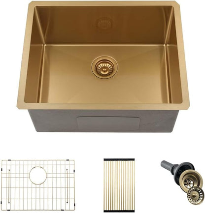 Gold Laundry Sink Undermount-Hovheir 24x19x12 Undermount Utility Sink 16 Gauge Brushed Gold Stainless Steel Single Bowl Deep Laundry Room Kitchen Sinks Outdoor Sinks with Bottom Grid