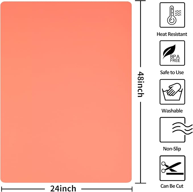Silicone Mat Heat Resistant Mats for Countertop, Large Silicone Mats for Kitchen Counter Crafts Workbench Table, Size 48x24 inches Thick 2mm,Rolled Package,Coral