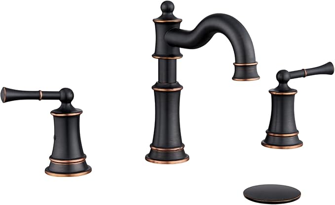 Bathroom Sink Faucet, Roman Stlye Rotated Spout Vanity Basin Faucets 3 Hole 2 Handle 8 inch Widespread Deck Mount Brass Faucet for Sink with Overflow Pop Up Drain Oil Rubbed Bronze NL2204-ORB