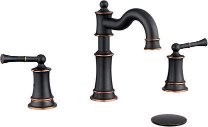 Bathroom Sink Faucet, Roman Stlye Rotated Spout Vanity Basin Faucets 3 Hole 2 Handle 8 inch Widespread Deck Mount Brass Faucet for Sink with Overflow Pop Up Drain Oil Rubbed Bronze NL2204-ORB