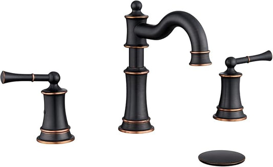 Bathroom Sink Faucet, Roman Stlye Rotated Spout Vanity Basin Faucets 3 Hole 2 Handle 8 inch Widespread Deck Mount Brass Faucet for Sink with Overflow Pop Up Drain Oil Rubbed Bronze NL2204-ORB