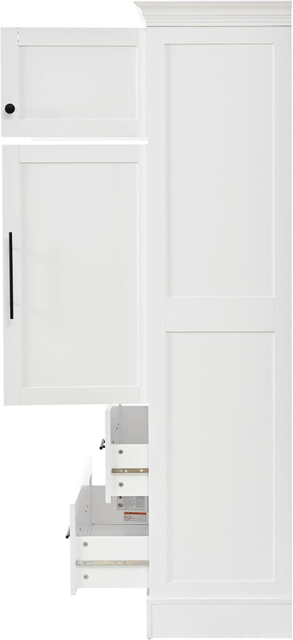 Merax 72.6" Farmhouse Kitchen Pantry Cabinet with Pull-Out Trays & Drawers, Freestanding Pantry with Cake Pan Storage, 4-Door Shaker Style Storage Cabinet, 40" L x 18" W, White