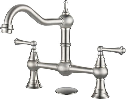 WOWOW Bridge Kitchen Faucet for Sink 2 or 3 Holes, Solid Brass Kitchen Sink Faucet 8-inch Centerset Deck Mount, Brushed Nickel Kitchen Faucet for Sink, RV, Laundry, Bar