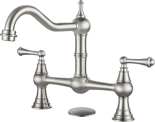 WOWOW Bridge Kitchen Faucet for Sink 2 or 3 Holes, Solid Brass Kitchen Sink Faucet 8-inch Centerset Deck Mount, Brushed Nickel Kitchen Faucet for Sink, RV, Laundry, Bar